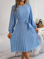 Floral Pleated Long Sleeve Midi Dress