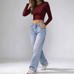 Round Neck Long Sleeve Top Big Backless Cropped T Shirt