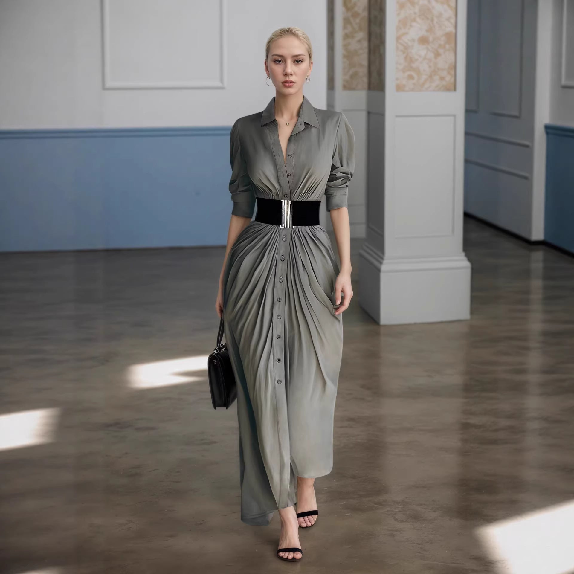 Women's Spring Autumn French Elegant Collared Breasted Shirt Dress With Belt Dress