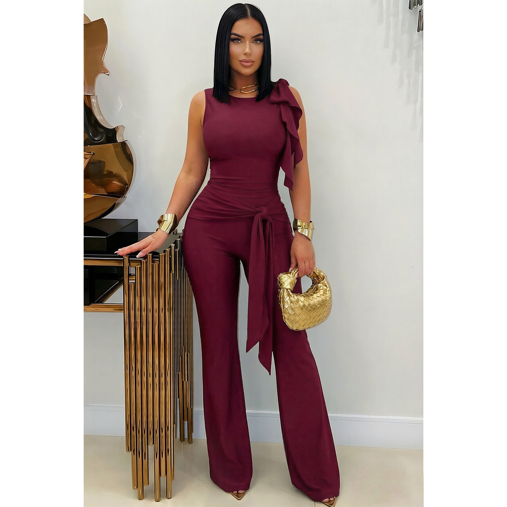 Women Clothing Personality Bandage Wooden Ear Pleated Vest Bell Bottom Pants Set