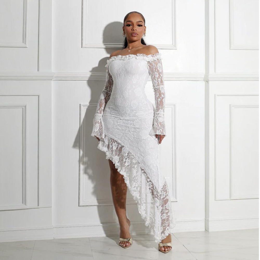 Women's Off-Shoulder Lace Asymmetric High-Low Dress
