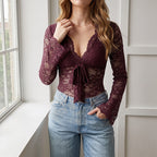 Lace Flare Sleeve V Neck Bodysuit