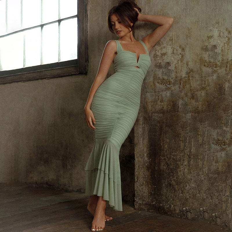 Women's Spaghetti-Strap Ruched Fishtail Maxi Dress