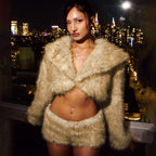 Women's Winter Women Clothing Sexy Furry Collared Short Cropped Warm Coat Shorts Two Piece Sets