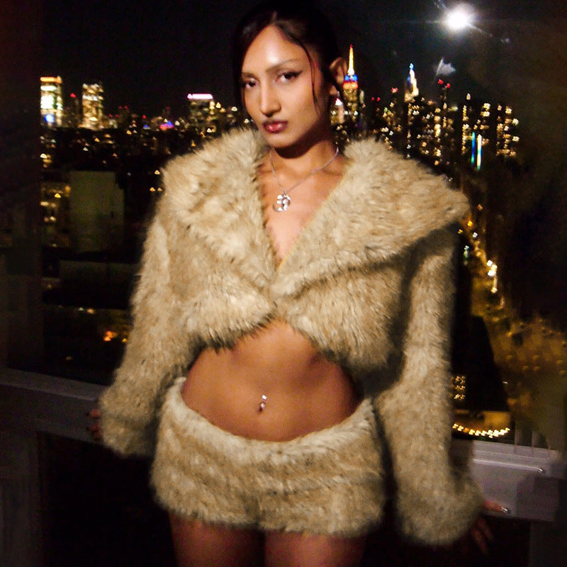 Women's Winter Women Clothing Sexy Furry Collared Short Cropped Warm Coat Shorts Two Piece Sets