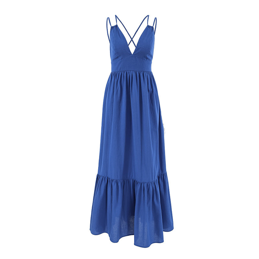 Women's French Vacation Blue Cotton Linen V Neck Strap Dress