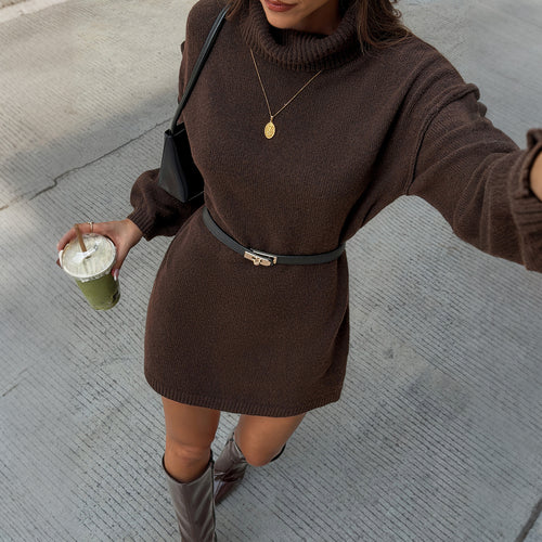 Women Clothing Autumn Winter Retro Collar Loose Woolen Dress
