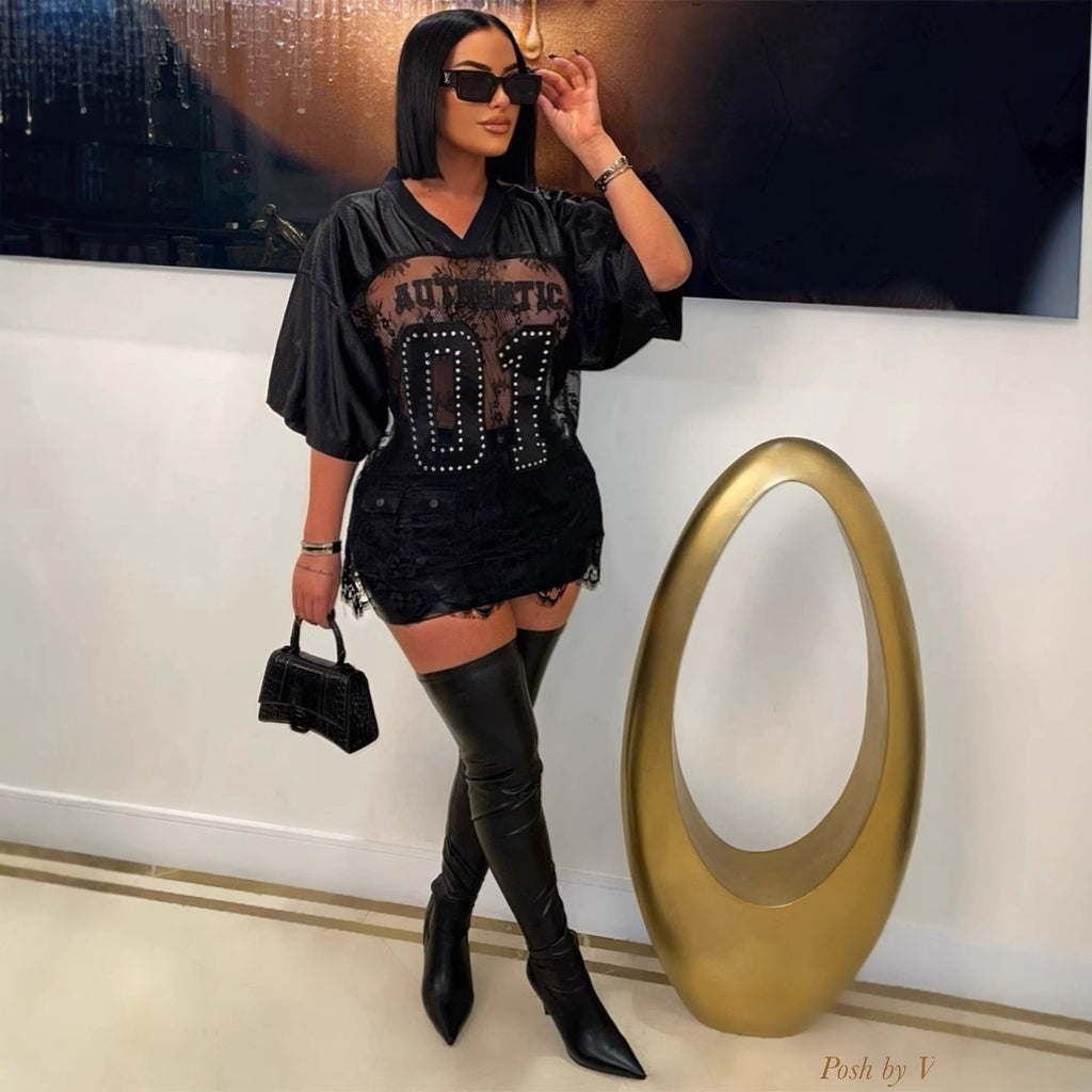 Women's Autumn Printed Loose Casual Street See Through Sexy Lace Stitching T Shirt Short Sleeve Top