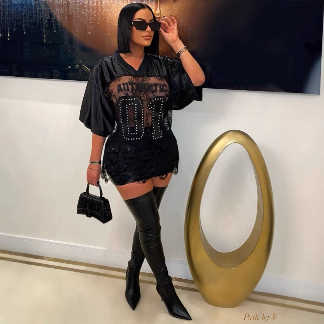 Women's Autumn Printed Loose Casual Street See Through Sexy Lace Stitching T Shirt Short Sleeve Top