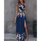Slant Shoulder Dress Elegance Sleeveless High-Waist Split