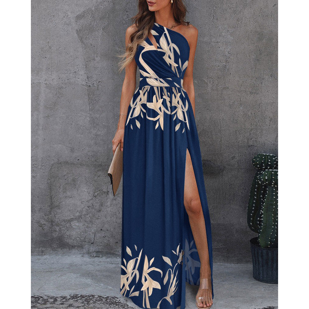 Slant Shoulder Dress Elegance Sleeveless High-Waist Split