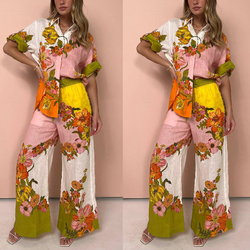 Printed Cotton Linen Two Piece Set Outfit Top Wide Leg Pants Amplified craft
