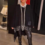 Women's Autumn Loose Irregular Asymmetric Hem Sequin Stitching Round Neck Long Sleeve Top