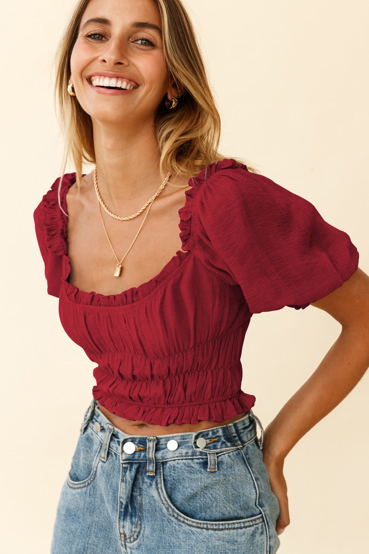 Women's Pleated Ruffle Chiffon Crop Top