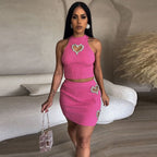 Women's Heart Shape Rhinestone Hollow Vest and Skirt Two-Piece Set