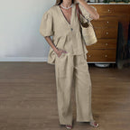 Puff-Sleeve Cardigan & Wide-Leg Pants Set
