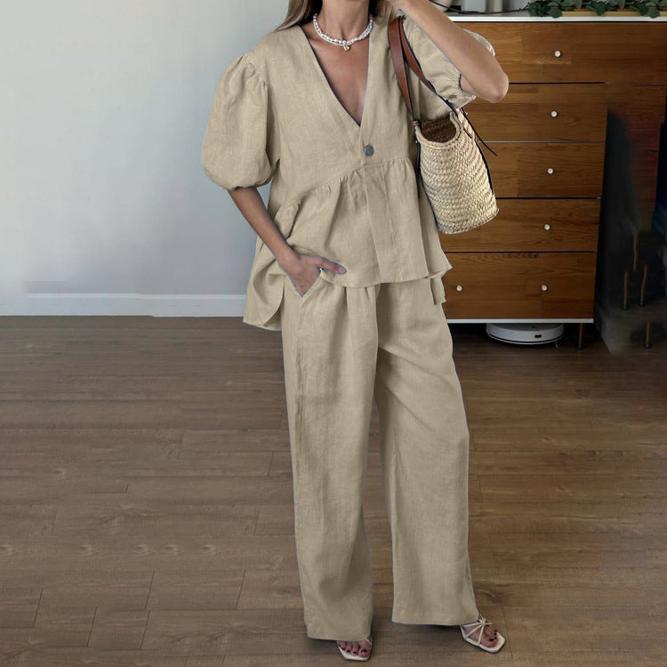 Puff-Sleeve Cardigan & Wide-Leg Pants Set