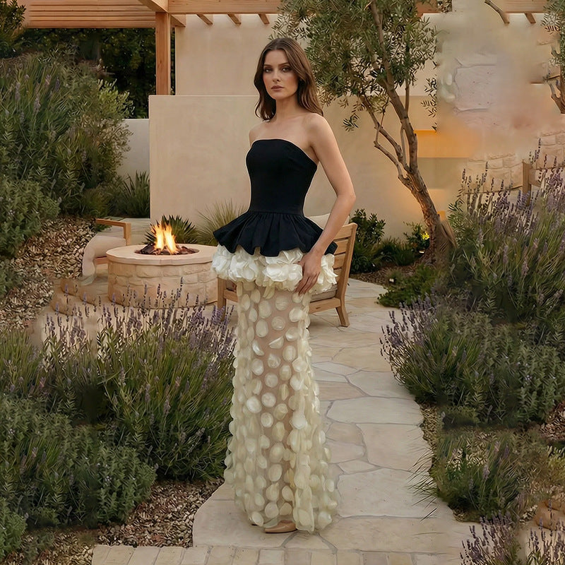 Women's Strapless Ruffled Fishtail Maxi Dress