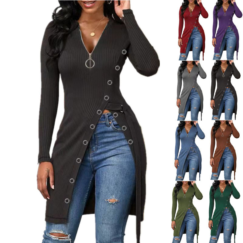 Women's V-Neck Long Sleeve High Slit Thread Zipper T-Shirt