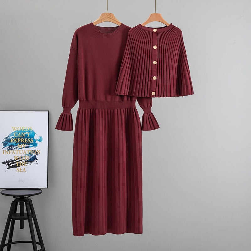 Autumn Winter Socialite Elegant Long Waist Slimming Skirt Set round Neck Single Breasted Cloak Two Piece Set