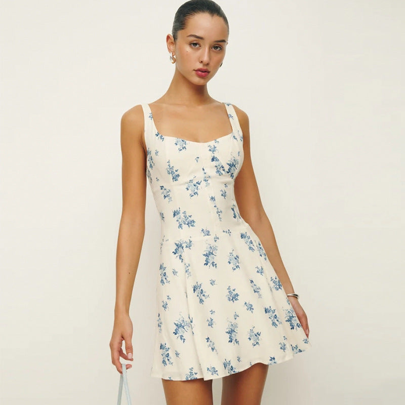 Floral Square-Neck Backless Dress