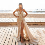 Women's Mesh Cutout Sequin Cami Slit Maxi Dress