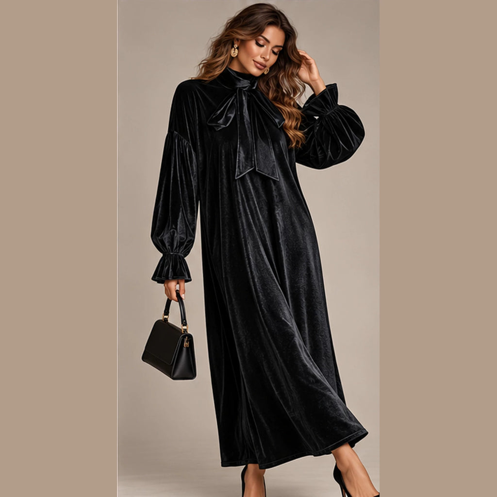 Women's Vintage Velvet Bow-Collar Dress