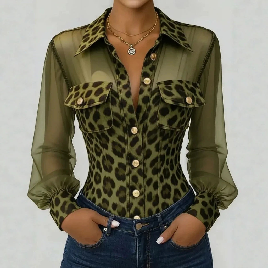 Leopard Splicing Mesh Pocket Elegant Button Shirt