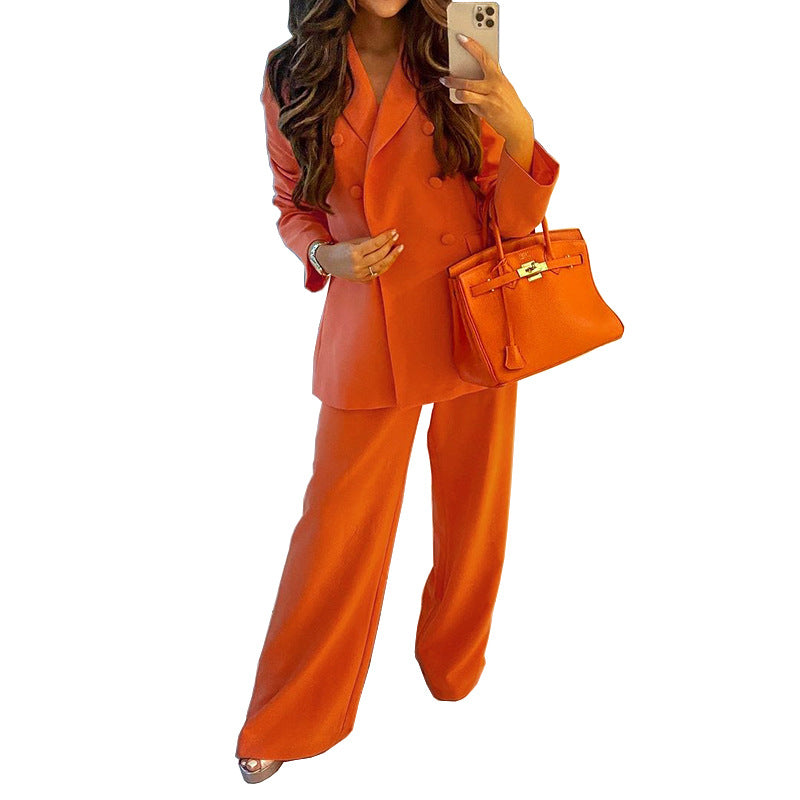 Women's Autumn Winter Solid Color Blazer Wide Leg Pants Set