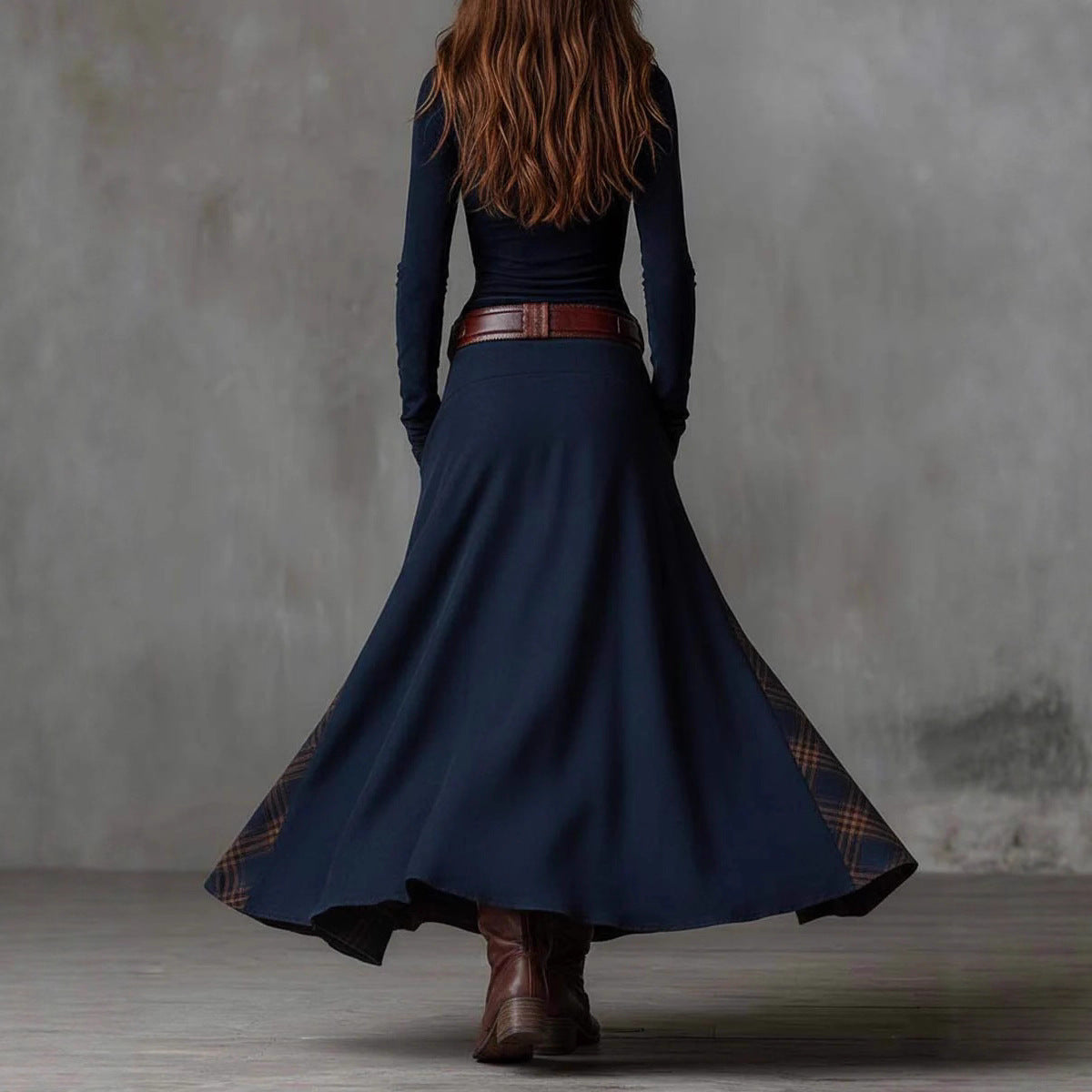 Women's Plaid Suede Patchwork Belted Dress