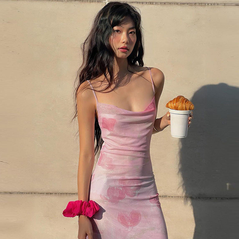 Summer Sweet Spicy Off-Neck Mesh Floral Print Long Strappy Dress
