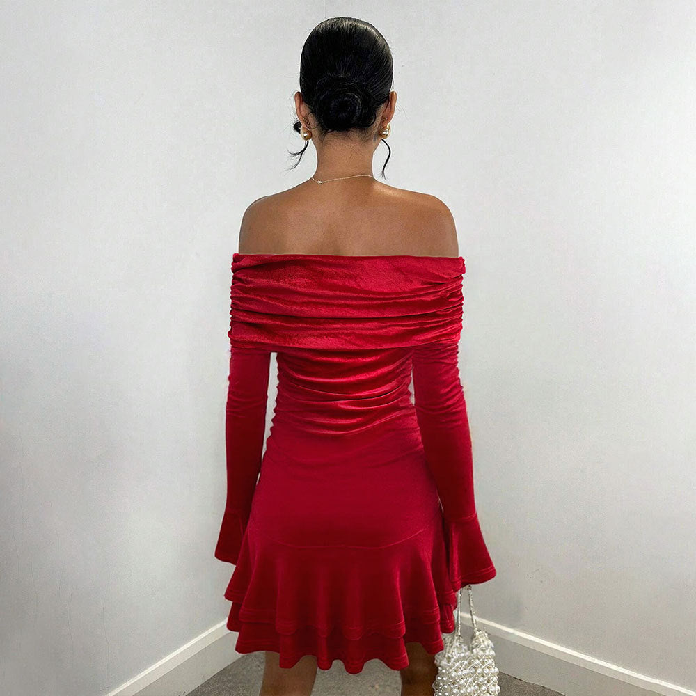 Women's Velvet Off-Shoulder Ruffle Dress