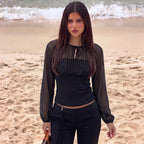 Women's Sheer Mesh Long Sleeve Patchwork Crop Top