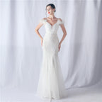 Women's Ostrich Feather Mesh Floral Sequin Wedding Evening Dress