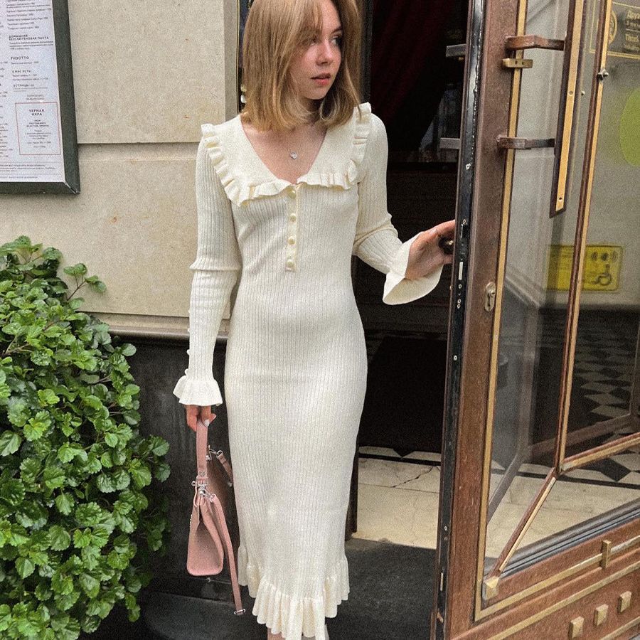 Peter-Pan-Collar Ruffle Button Long-Sleeve Knit Bodycon Maxi Dress