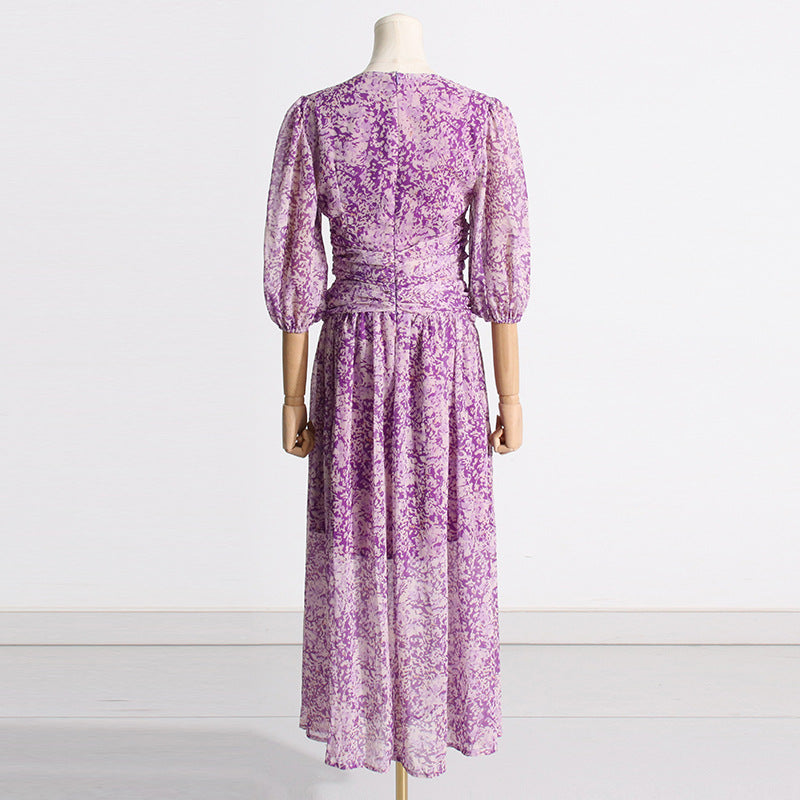 Women's Purple Floral Puff-Sleeve Dress