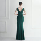 Women's Rhinestone Beaded V-Neck Slit Evening Maxi Dress