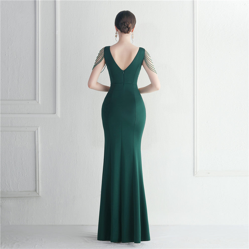 Women's Rhinestone Beaded V-Neck Slit Evening Maxi Dress