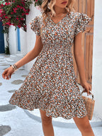 Women's V-Neck Floral Smocked Ruffle Butterfly-Sleeve Dress