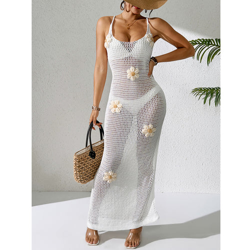 White crochet beach dress cover-up with spaghetti straps and daisy appliques