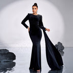 Women's Crew Neck Long Sleeved Long Rhinestone Cocktail Hip Wrapped Evening Dress Bridesmaid Dress Women