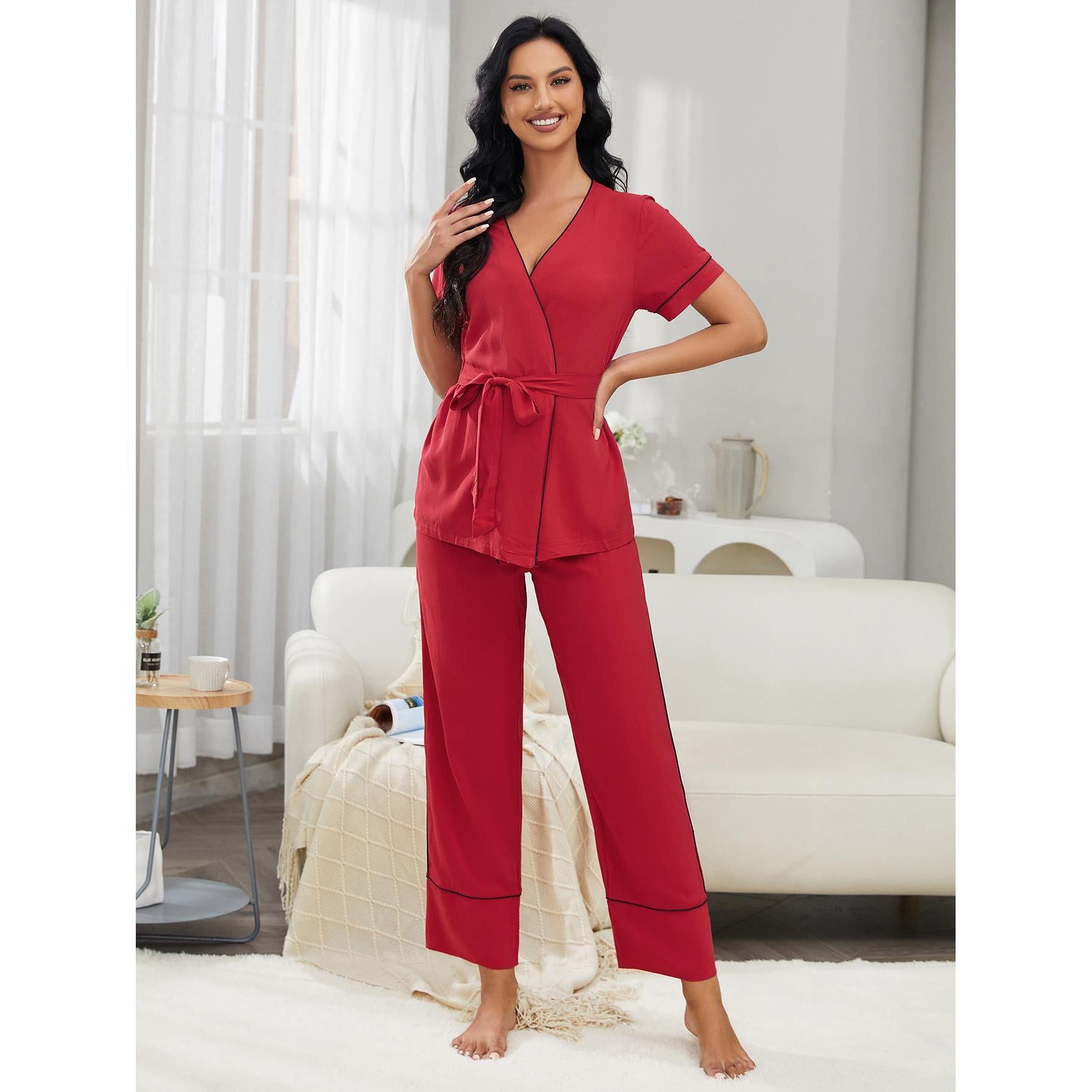 Women Spring Autumn Cardigan Short Sleeve Sleeping Bathrobe Home Wear Set Can Be Worn outside