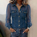 Women Spring Summer Autumn V neck Lace Long Sleeve Top