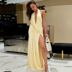 Women's Halter Backless Ruched Asymmetric Split Maxi Dress