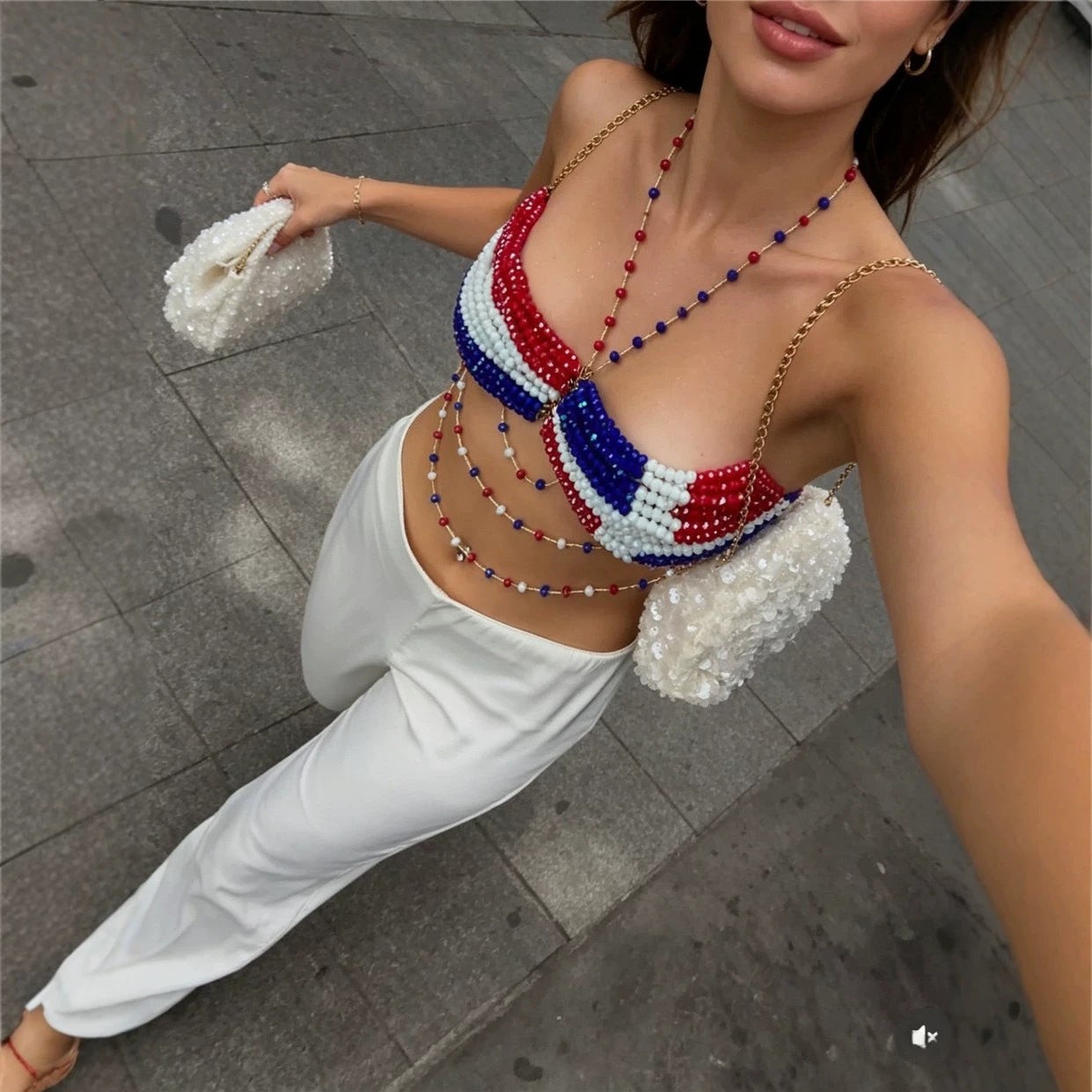 Red Blue Together Handmade Beaded Sling Holiday Music Festival Sexy Heavy Industry Exposed Cropped Outerwear Top Women