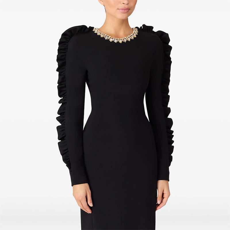 Women's Rhinestone Long Sleeve Slit Bodycon Maxi Dress