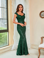 Summer Sequined Elegant Suspenders Mid Waist Party Evening Dress Long Mop Dress