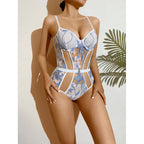 Sexy Jumpsuit Embroidered High End Mesh with Steel Ring Deep V Plunge Sexy Jumpsuit