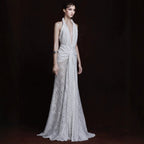 White Halter Lace Maxi Dress Deep V Plunge Twist Waist Split Sexy Backless Dress