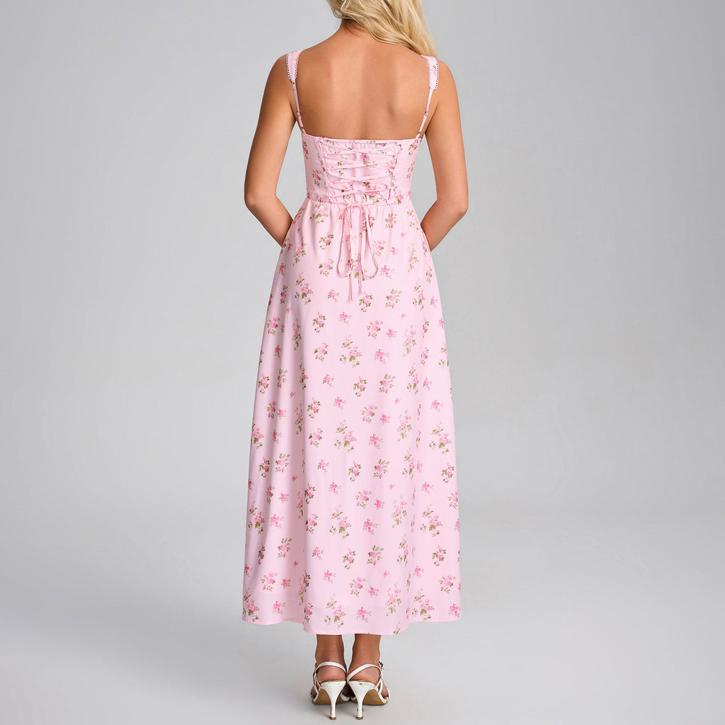 Women's Printed Square-Neck Lace-Up Vacation Dress